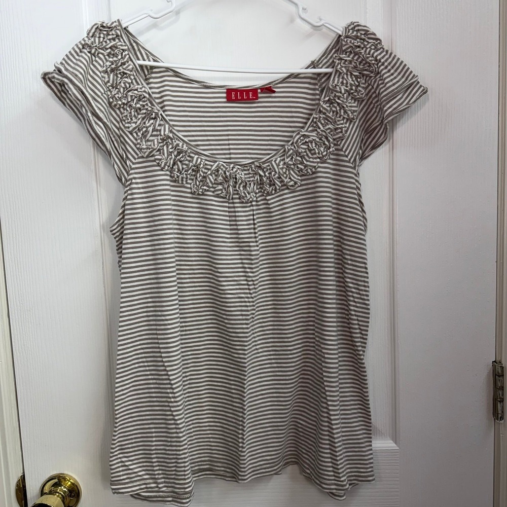 Elle brown ruffle cap sleeve striped scoop neck cotton loose relaxed shirt XL